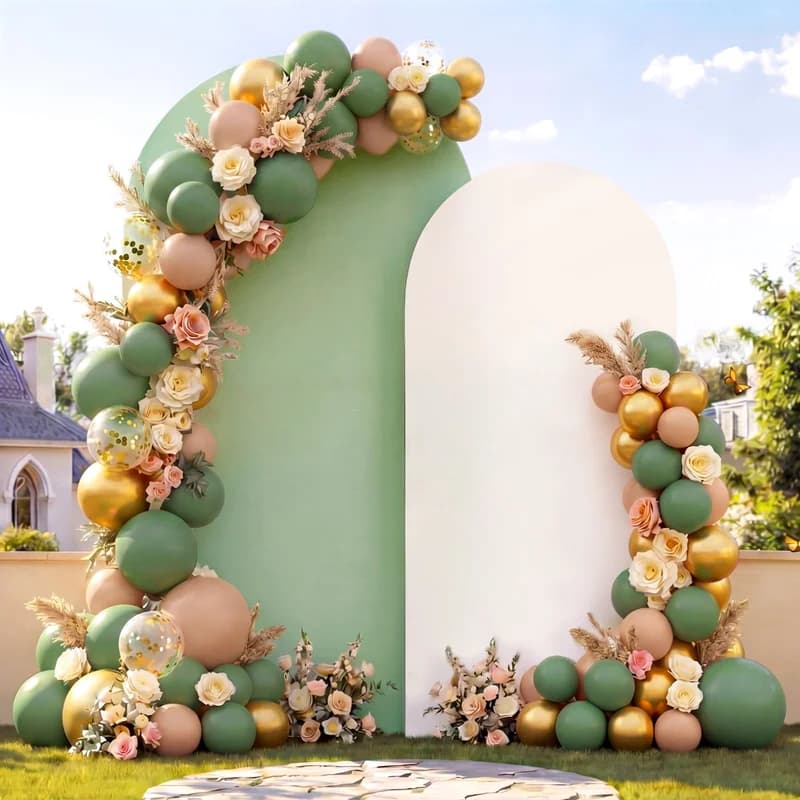 131 Pcs Arch Fabric Backdrop Cover and Balloon Sets 7.2ft & 6ft Wedding Birthday Party Spandex Sage Green White Stretchy Backdrop for Bridal Shower Graduation Ceremony