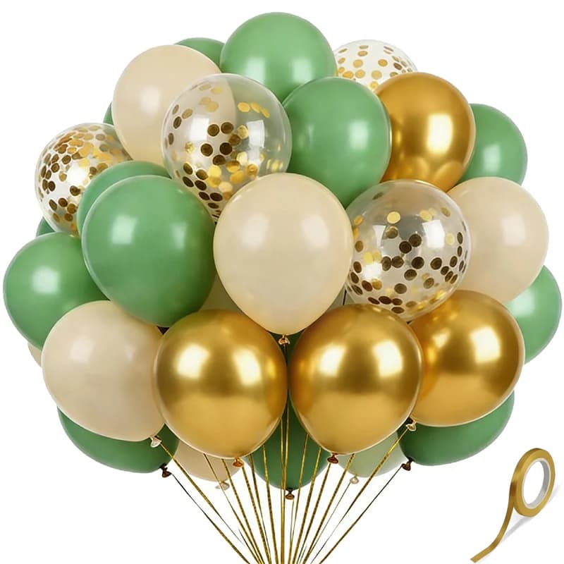 60Pcs 12 Inch Green Latex Balloons Set - Green, Sand White, Metallic Gold Confetti Party Balloons with Ribbon for Birthday, Graduation Anniversary Party, Spring Picnic Decorations