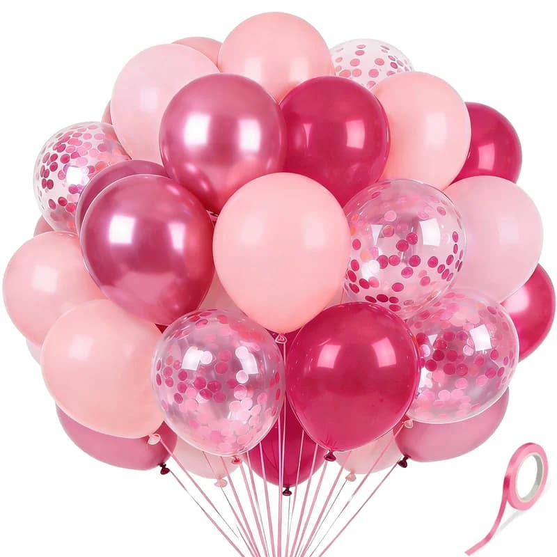 60Pcs 12 Inch Pink Latex Balloons Set - Hot Pink, Pink, Metallic Pink Confetti Party Balloons with Ribbon for Birthday, Wedding, Graduation Anniversary Party Decorations.