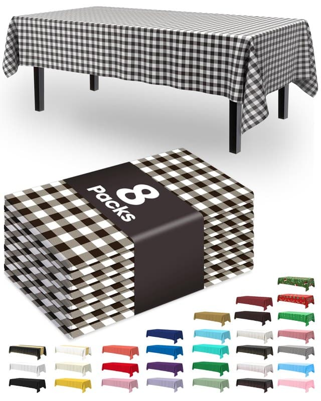 Pureegg Plastic Table Cloth Disposable 8 Pack, 54 x 108 Inch Table Cloths, Party, Picnic, Decorative Gingham Tablecloths, Rectangle, Black and White Checkered Cover, Leakproof & Sturdy, Black Plaid