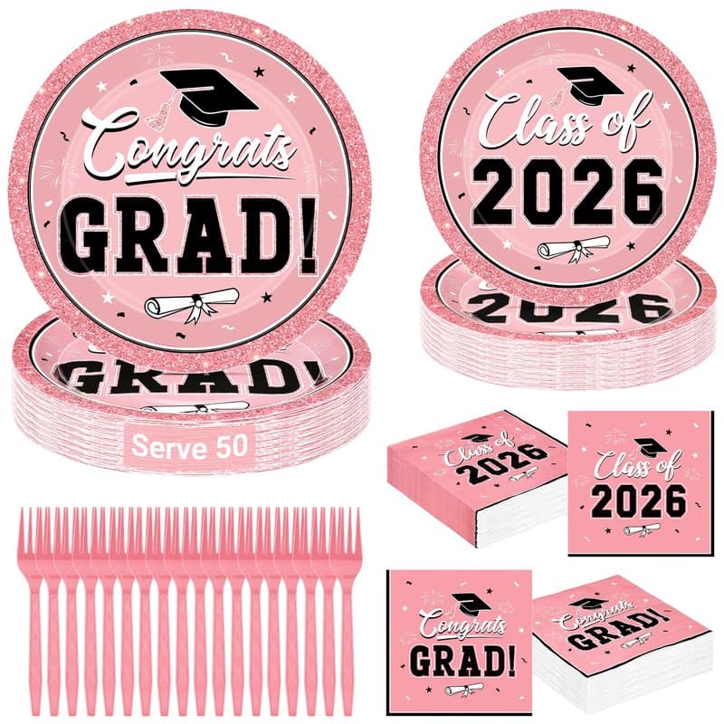 QZYL 200Pcs Pink Graduation Supplies Set, Grad Plates, Napkins, Dessert Plates and Plastic Forks for 50 Guests, Disposable Graduation Party Supplies, Grad tableware for 2026 School Ceremony